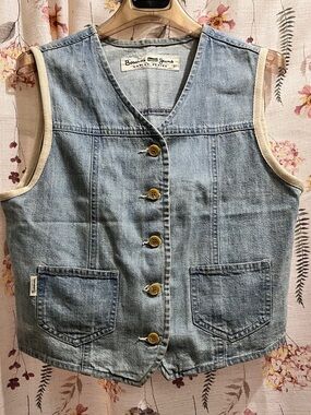 Bossini Jeans Blue Denim Vest V-Neck Button Front PocketsVest with Cream Trim